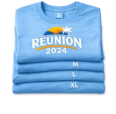 Indian friends wearing matching reunion t shirts